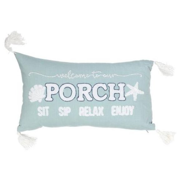 Seashell "Welcome to our Porch" Pillow Embroidered Decorative Blue - Picture 1 of 5